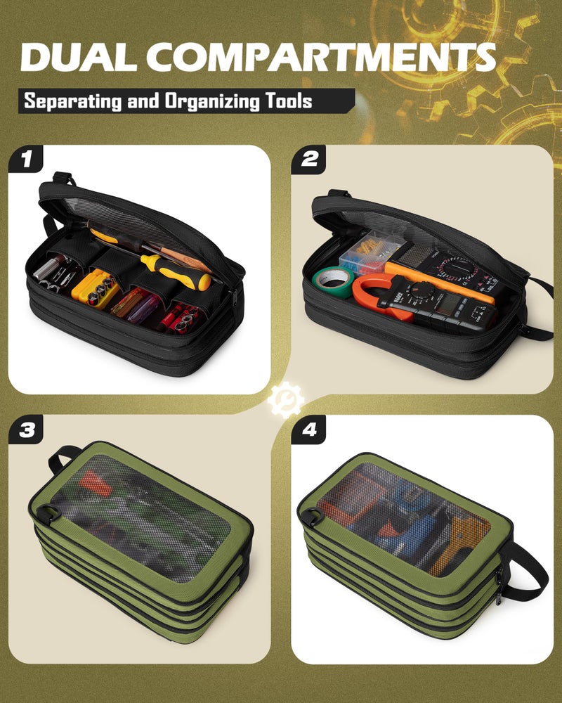Marscamd 2 Pack Tool Pouch with Dual Compartments, 12â€ Tool Bag with Detachable Shoulder Strap, Carry Handle and Translucent Window, Black/Green - Image 2