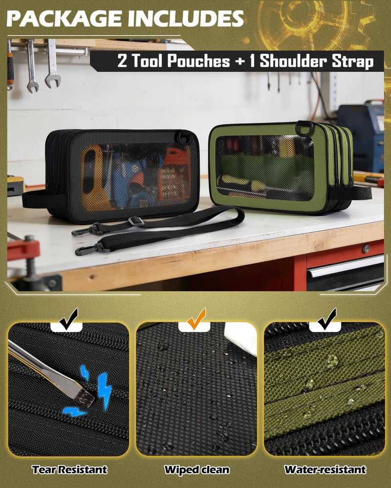Marscamd 2 Pack Tool Pouch with Dual Compartments, 12â€ Tool Bag with Detachable Shoulder Strap, Carry Handle and Translucent Window, Black/Green - Image 3