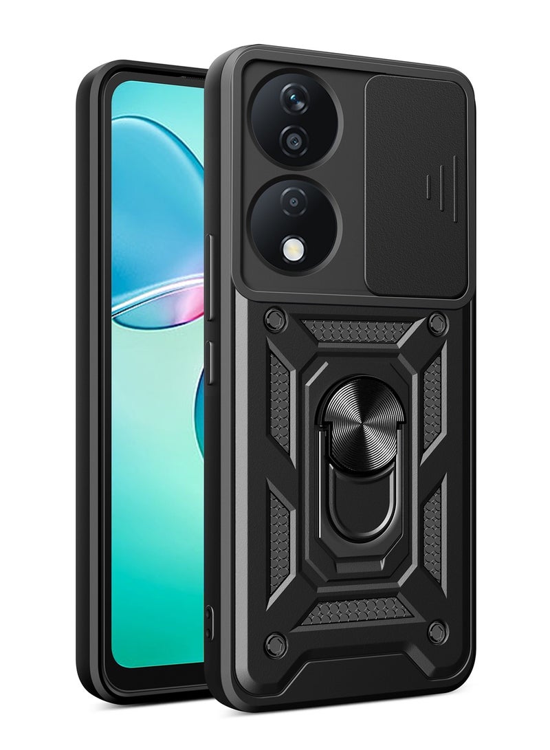 Case Cover Shockproof Windows Protective Case with Camera Protection and Metal Ring Compatible with Honor X7B (Black) - Image 1