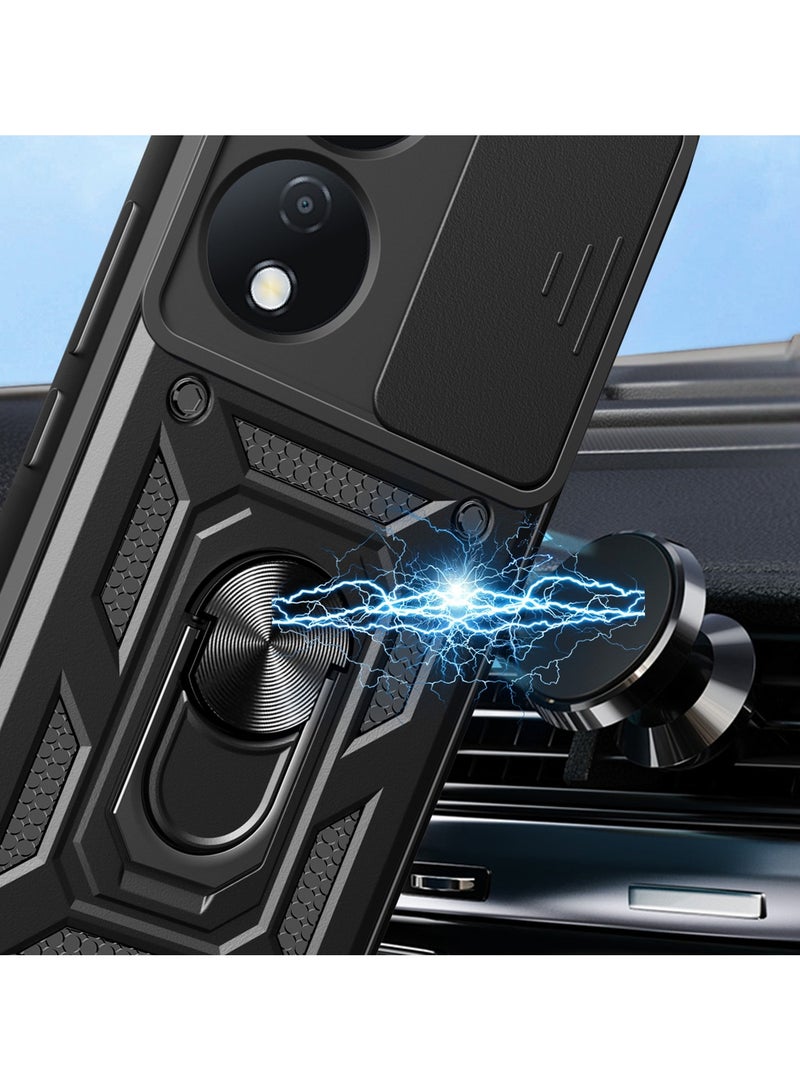 Case Cover Shockproof Windows Protective Case with Camera Protection and Metal Ring Compatible with Honor X7B (Black) - Image 4