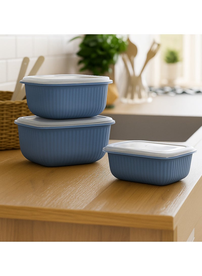 3 Pcs Rectangular Food Storage Container Set with Snap Lids Line Series BPA-Free Airtight Bowls (600 ml, 1100 ml, 1800 ml) Microwave-Safe Bowl. blue - Image 3