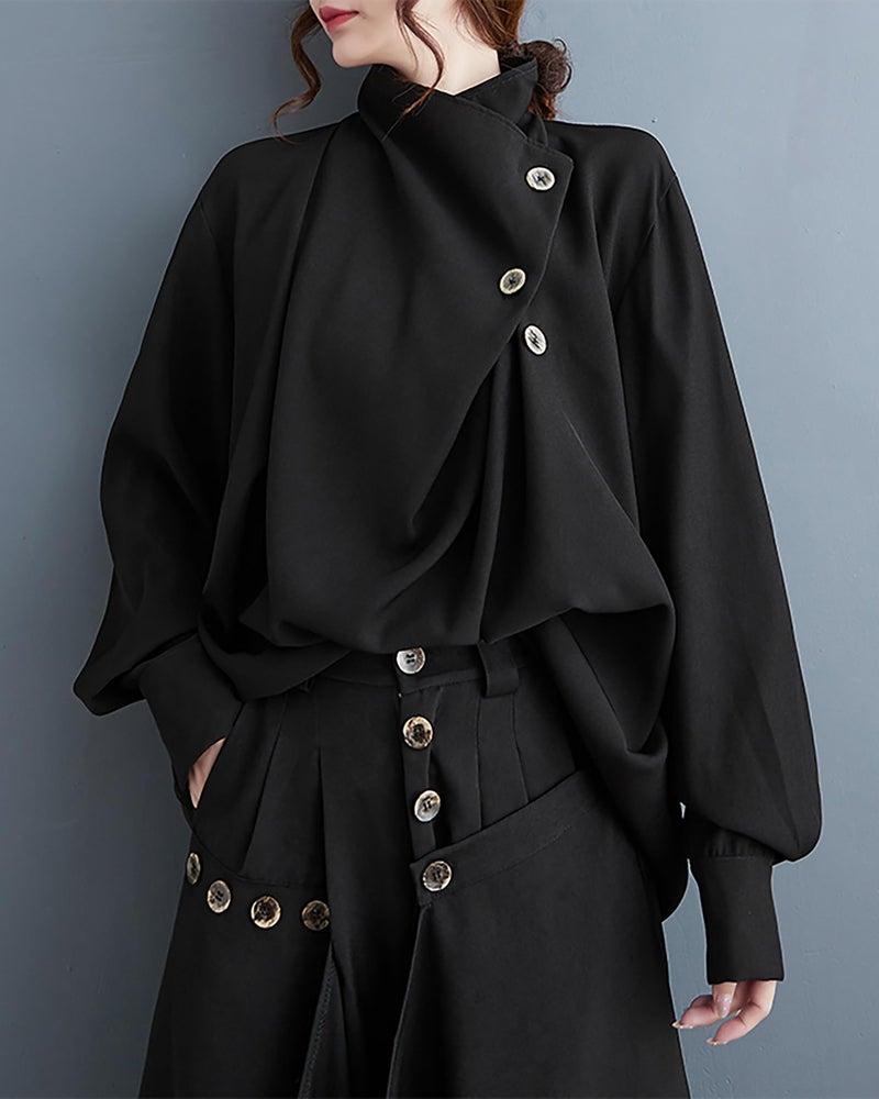 ellazhu Women's Coat Button Down Long Sleeve Pile Collar Flowy Hem Solid Loose Oversize Top GZ266 Black - Image 2