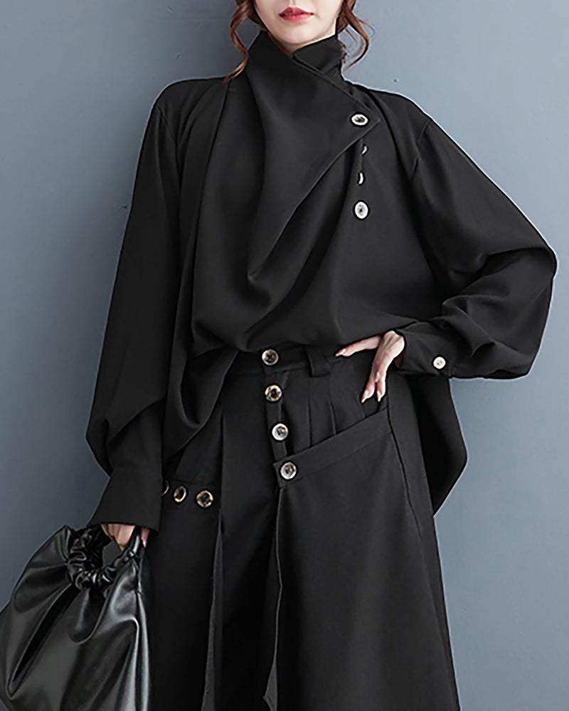 ellazhu Women's Coat Button Down Long Sleeve Pile Collar Flowy Hem Solid Loose Oversize Top GZ266 Black - Image 3