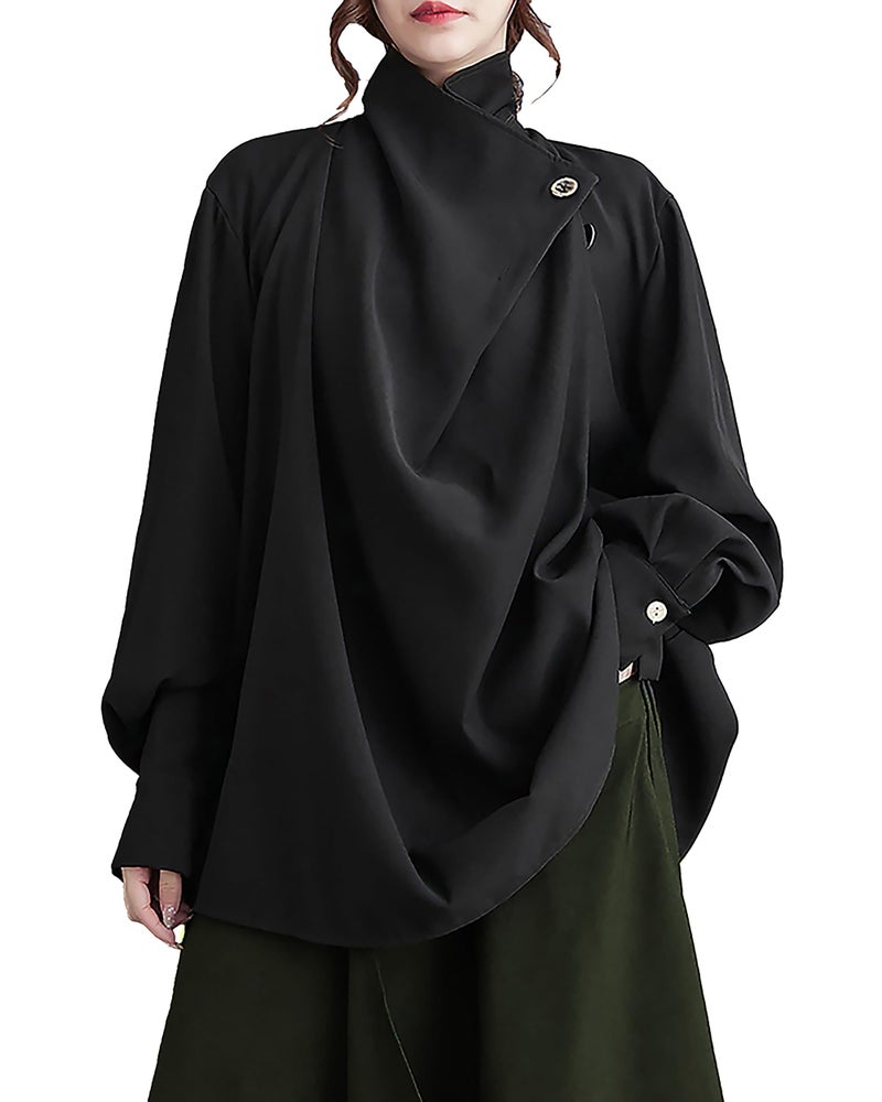 ellazhu Women's Coat Button Down Long Sleeve Pile Collar Flowy Hem Solid Loose Oversize Top GZ266 Black - Image 5