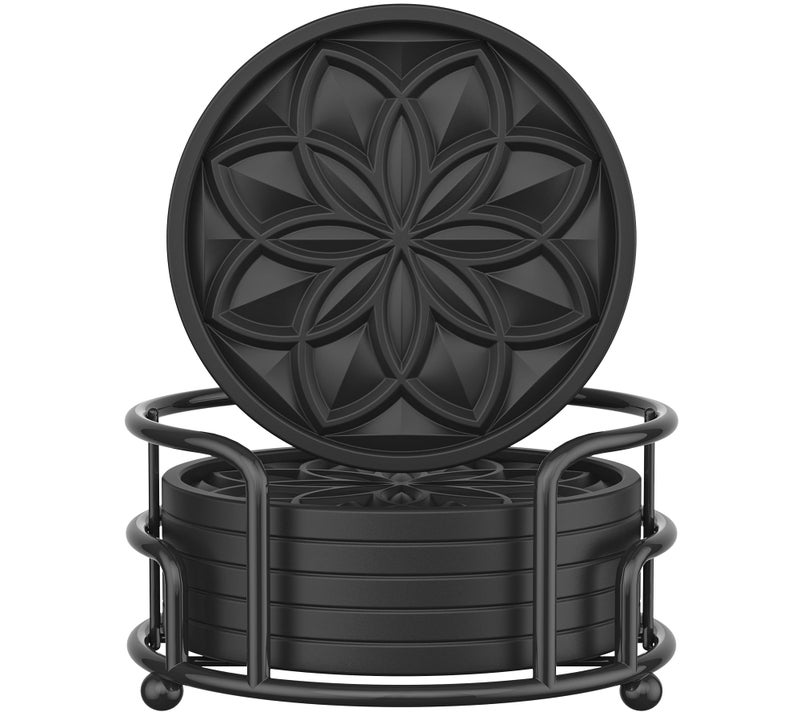HFHOME Drink Coasters Set of 6 Packs with Holder HFHOME Round Black BPA Free Silicone with NonSlip Bottom Fits Any Size Cup Mug or Glasses Black - Image 3