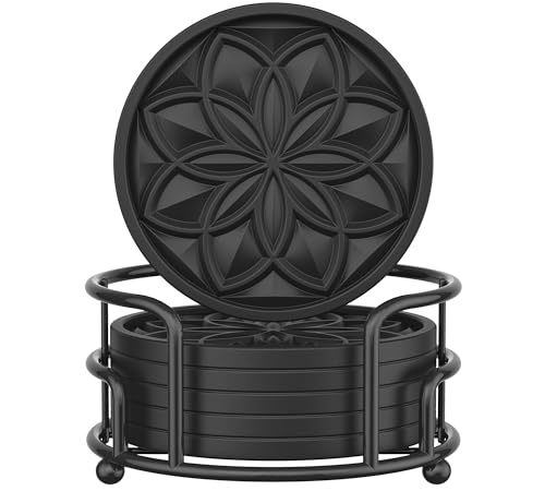HFHOME Drink Coasters Set of 6 Packs with Holder HFHOME Round Black BPA Free Silicone with NonSlip Bottom Fits Any Size Cup Mug or Glasses Black - Image 1