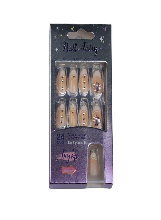 ODMART Premium Artificial Press-On Nails (24 pcs) - Nude Almond Nails with Silver Glitter Tips & Rhinestones, Long-Lasting Reusable False Nails for Women & Girls, Easy DIY Application at Home - Image 1