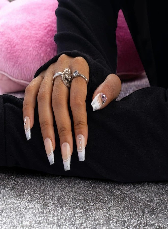 ODMART Premium Artificial Press-On Nails (24 pcs) - Nude Almond Nails with Silver Glitter Tips & Rhinestones, Long-Lasting Reusable False Nails for Women & Girls, Easy DIY Application at Home - Image 4