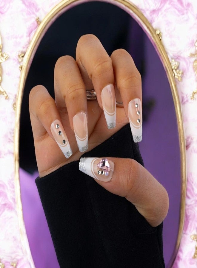ODMART Premium Artificial Press-On Nails (24 pcs) - Nude Almond Nails with Silver Glitter Tips & Rhinestones, Long-Lasting Reusable False Nails for Women & Girls, Easy DIY Application at Home - Image 2