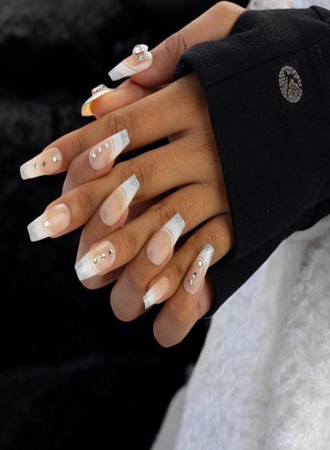 ODMART Premium Artificial Press-On Nails (24 pcs) - Nude Almond Nails with Silver Glitter Tips & Rhinestones, Long-Lasting Reusable False Nails for Women & Girls, Easy DIY Application at Home - Image 5