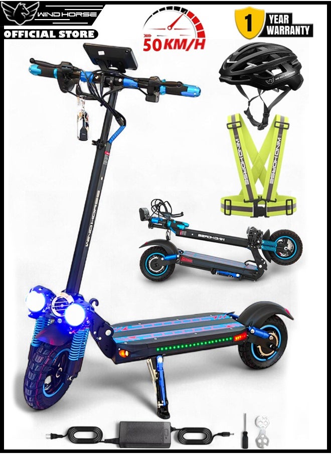 Wind Horse H5 Folding Electric Scooter, 1200W Motor, 48V 13Ah Battery, 50KM/H Max Speed, 30KM Range, 10-Inch Tires, Dual Suspension and Remote Lock with Helmet and Safety Vest  - Image 1