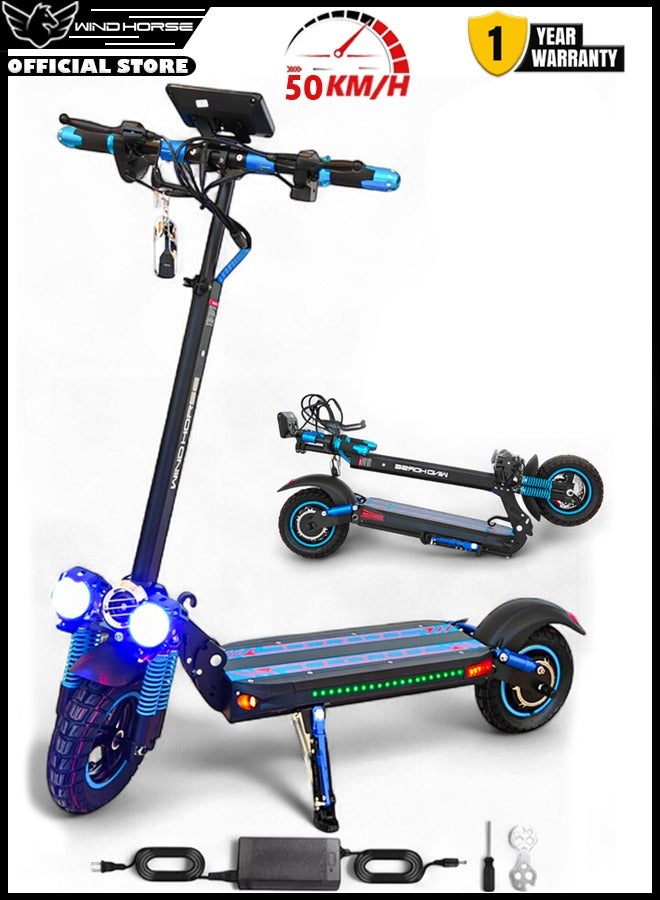 حصان الريح سكوتر كهربائي قابل للطي H5، محرك 1200 واط، بطارية 48 فولت 13 أمبير، سرعة قصوى 50 كم/ساعة، مدى 30 كم، إطارات 10 بوصة، تعليق مزدوج وقفل عن بعد مع خوذة وسترة أمان - Image 1