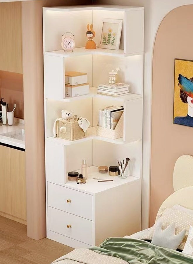 سي آند سي هوم خزانة عرض زاوية حديثة - وحدة رفوف زاوية بيضاء طويلة مع مساحة تخزين مفتوحة ودرجين - خزانة كتب مستقلة موفرة للمساحة لغرفة المعيشة أو غرفة النوم أو المدخل - منظم متعدد الطبقات للكتب والديكور والأساسيات اليومية 50 × 50 × 180 سم. - Image 4