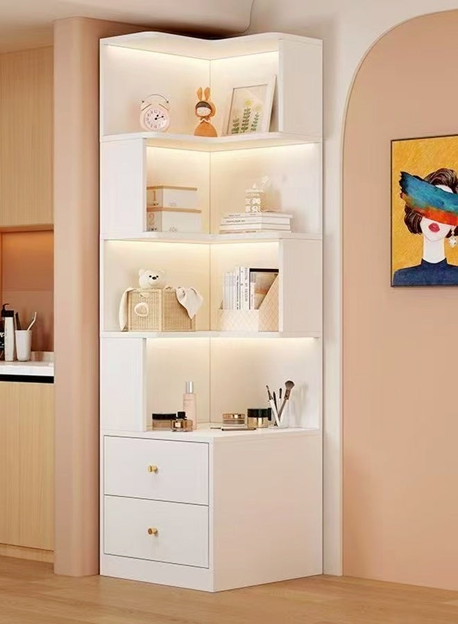 سي آند سي هوم خزانة عرض زاوية حديثة - وحدة رفوف زاوية بيضاء طويلة مع مساحة تخزين مفتوحة ودرجين - خزانة كتب مستقلة موفرة للمساحة لغرفة المعيشة أو غرفة النوم أو المدخل - منظم متعدد الطبقات للكتب والديكور والأساسيات اليومية 50 × 50 × 180 سم. - Image 1