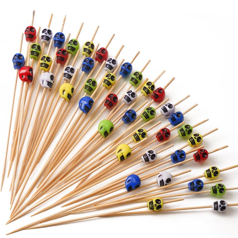 PuTwo Cocktail Picks Handmade Bamboo Toothpicks 100ct 47 in Multicolor Skulls
