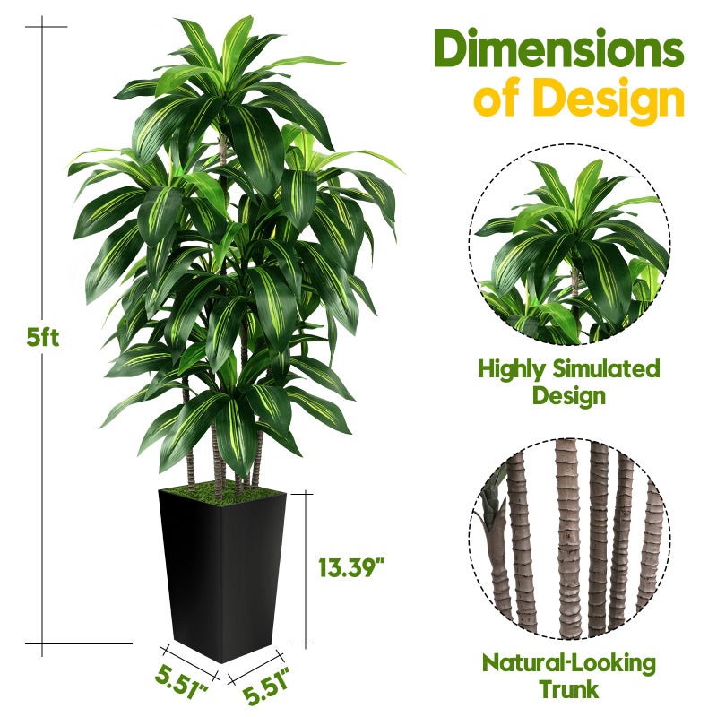PUUKU Artificial Dracaena Tree Indoor, 5FT Tall Fake Tree with Black Tall Planter, Artificial Trees Fake Yucca Potted Tree for Home Office Living Room Decor, Tall Artificial Plant for Housewarming - Image 4