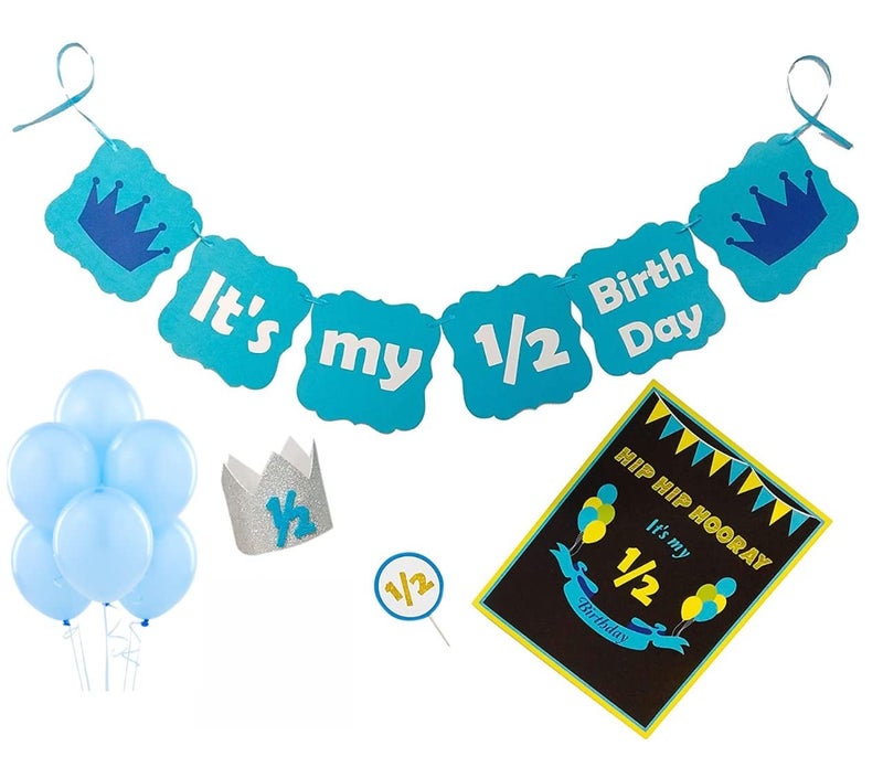 Untumble Half Birthday Decorations for Baby boy in Blue, Six Month Photo Shoot Pack, 6 Month Party kit with Rubber Balloons, 1/2 Decor for boy Baby - Image 1