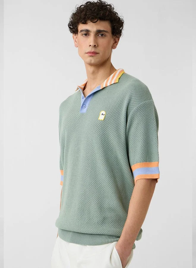 The Souled Store Men's Oversized Green Polo T-Shirt with Drop-Shoulder Sleeves