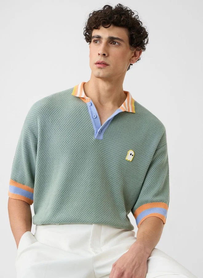 The Souled Store  The Souled Store Men's Oversized Green Polo T-Shirt with Drop-Shoulder Sleeves  | Best Price UAE