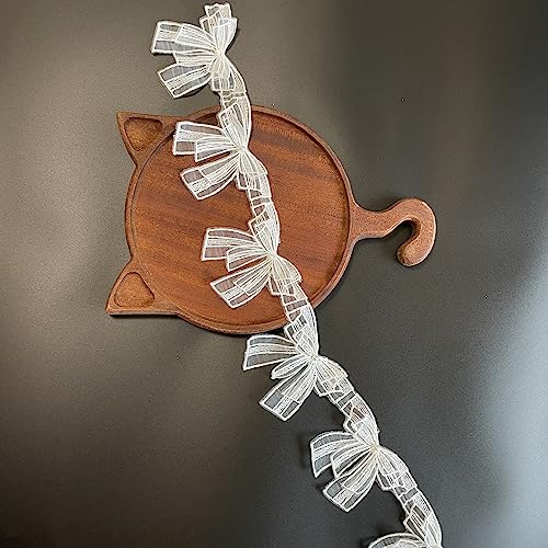 Buysk 2 Yards Lace Trim Double Layer Bow Embroidered Lace Trim Fabric Pearl Beads Appliques Lace Ribbon Handmade DIY Sewing Supplies Craft for Costume Hat Decoration Double Bow - Image 1