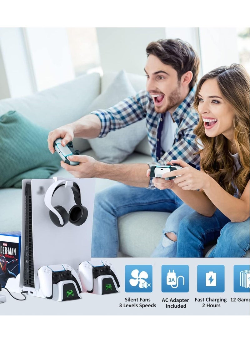 Intag - OIVO PS5 Stand with Suction Cooling Fan and Dual Controller Charger Station for Playstation 5 PS5 Console, Suction Cooler Fan with Charging Dock Station and 12 Games Storage with 2 IN 1 Cable Included - Image 1