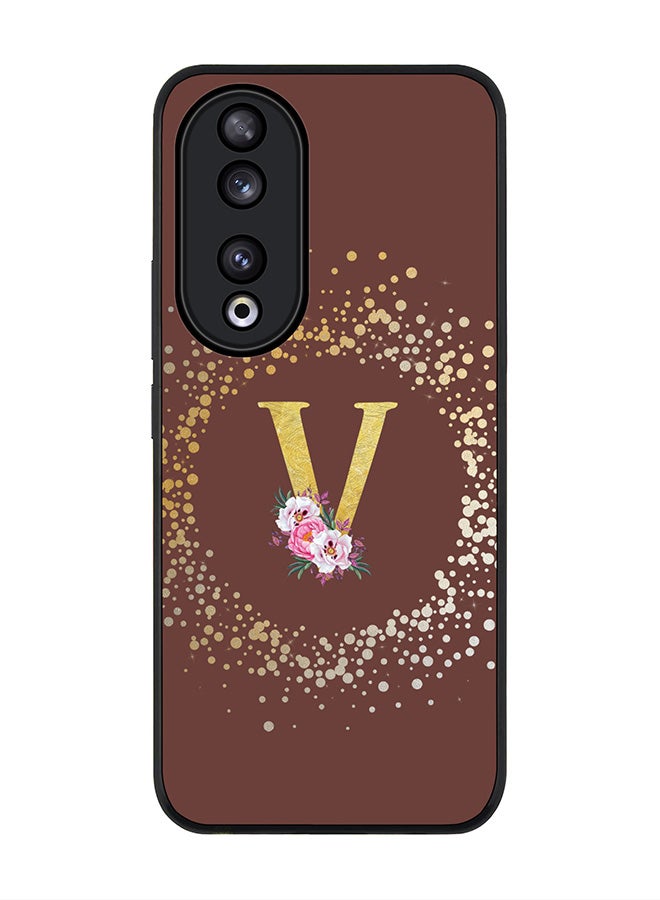 Stylizedd Rugged Black edge case for Honor 90 5G, Slim fit Flexible Anti Drop Thin Cover - Custom Monogram Initial Letter Floral Pattern Alphabet - V  (Brown ) - Image 1