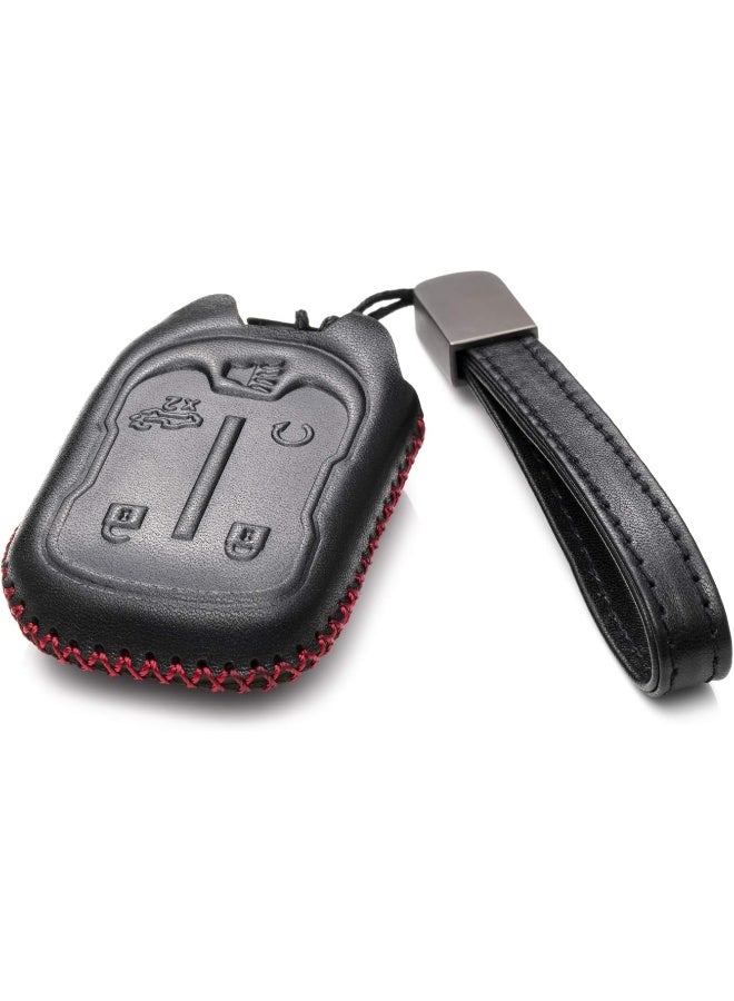Vitodeco Genuine Leather Smart Key Fob Case Cover Protector With Leather Key Chain For 2019-2021 Chevrolet Silverado 1500, 2500, 3500, 2019-2021 Gmc Sierra (5-Button, Black/Red) - Image 2