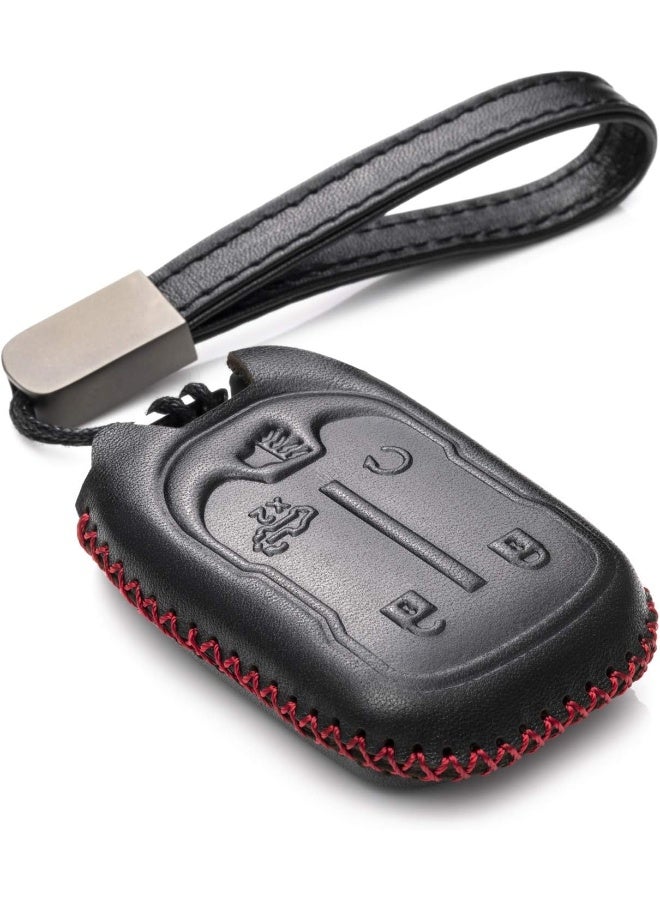 Vitodeco Genuine Leather Smart Key Fob Case Cover Protector With Leather Key Chain For 2019-2021 Chevrolet Silverado 1500, 2500, 3500, 2019-2021 Gmc Sierra (5-Button, Black/Red) - Image 1