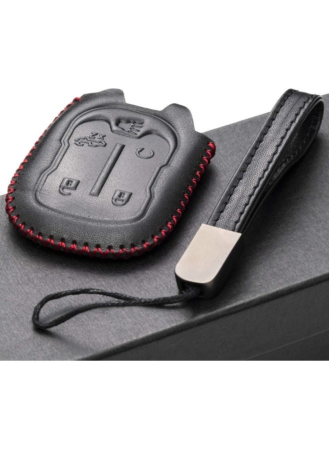 Vitodeco Genuine Leather Smart Key Fob Case Cover Protector With Leather Key Chain For 2019-2021 Chevrolet Silverado 1500, 2500, 3500, 2019-2021 Gmc Sierra (5-Button, Black/Red) - Image 4