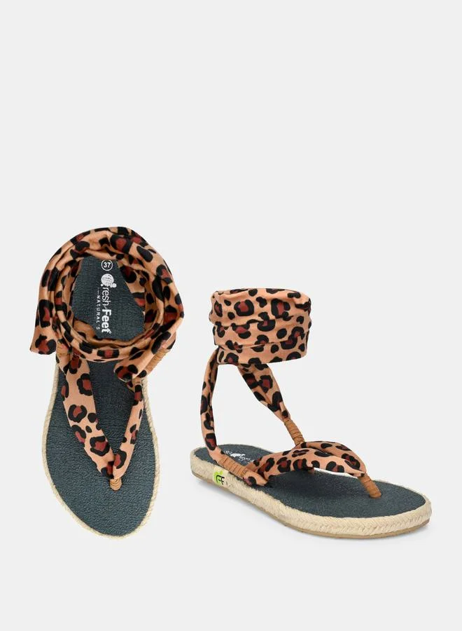 فريش فيت Animal Print V Strap Ankle Tie Up Flat Sandals by Styli