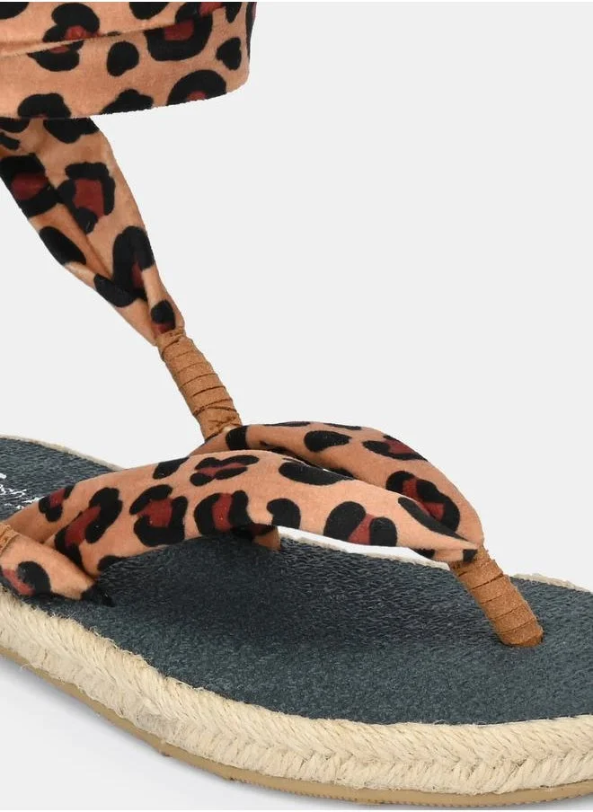 Fresh Feet Animal Print V Strap Ankle Tie Up Flat Sandals