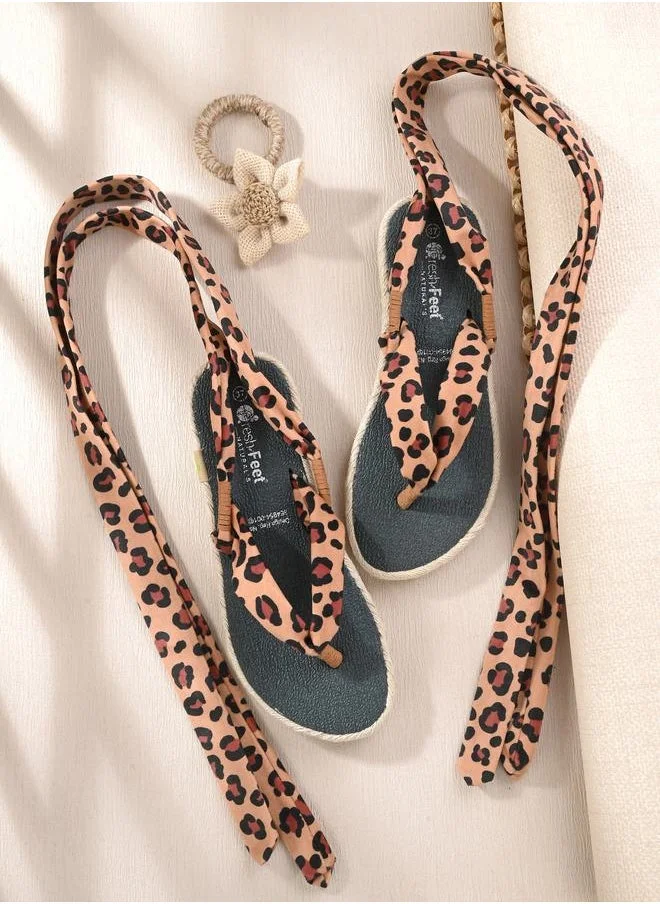 فريش فيت Animal Print V Strap Ankle Tie Up Flat Sandals by Styli