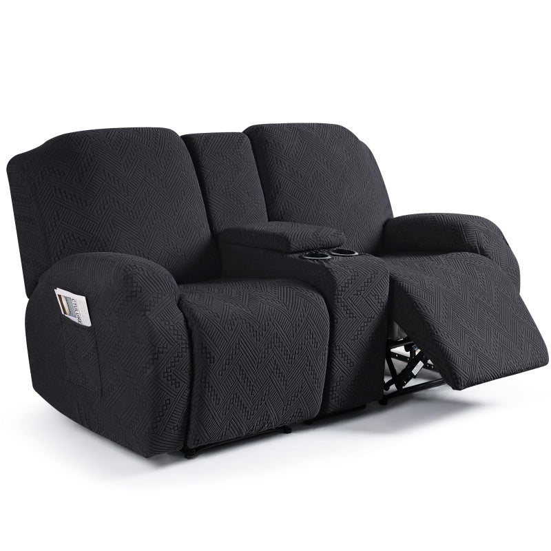 Ruaozz Stretch Loveseat Recliner Covers with Console 4Pieces Recliner Sofa Covers with Pockets Jacquard Reclining Couch Covers Furniture Protector with Elastic Straps Bottom 2 Seater Black