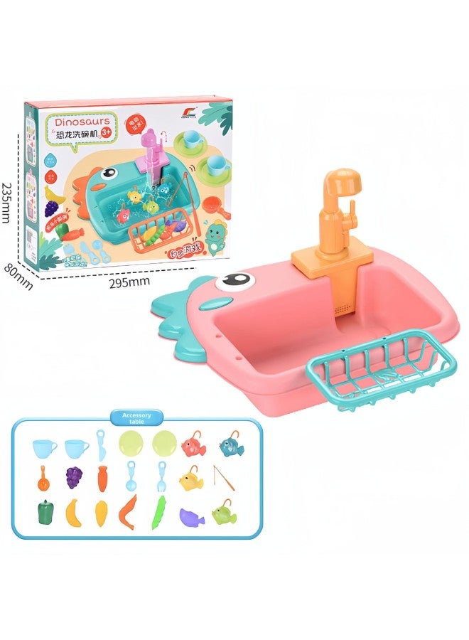 Children's Electric Dinosaur Sink Toy Recycling Water Fishing Dishwasher 2 In 1 Kitchen Play House Toy