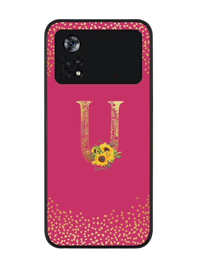 Stylizedd Rugged Black Edge Case for Poco M4 Pro 4G, Slim fit Thin Cover -  Custom Monogram Initial Letter Mandala Floral Pattern Alphabet- U (Dark Pink Rose) - Image 1