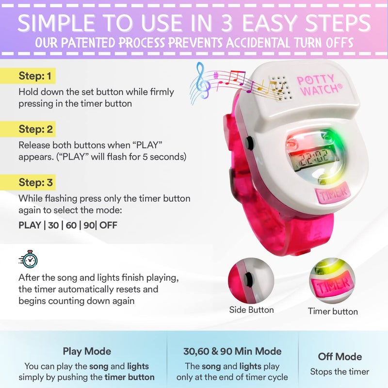 Potty Time Kids Potty Training Watch - Purple, Unisex, 1 Count, Water-Resistant, 30/60/90 Min Timer, Music & Lights Reminder - Image 3