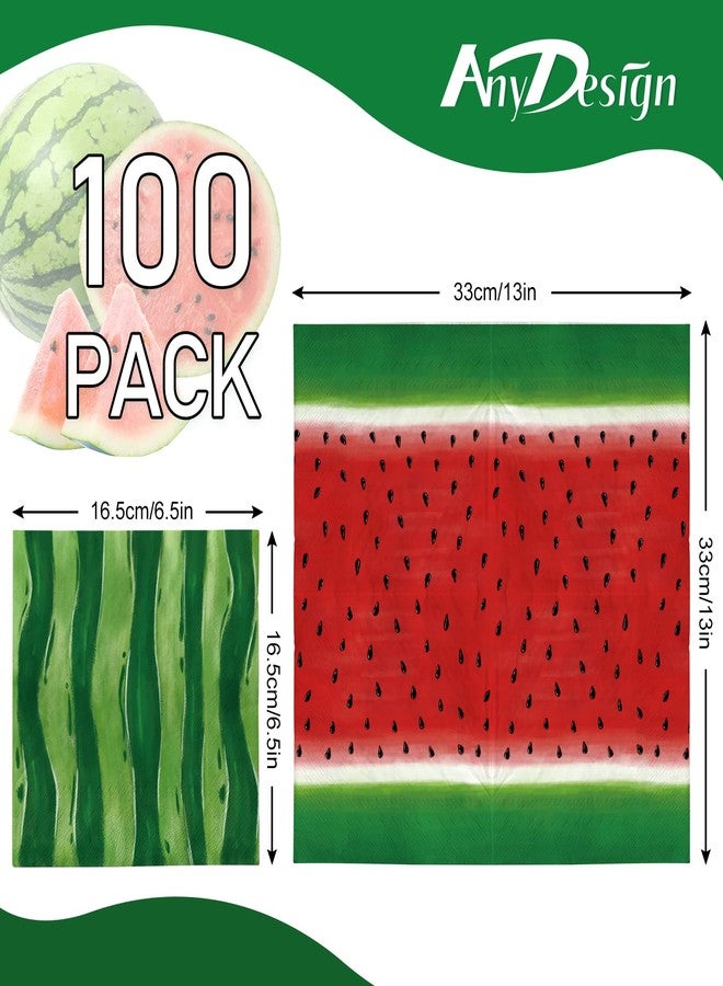 AnyDesign 100Pcs Watermelon Paper Napkins Summer Holiday Disposable Luncheon Napkins Red Green Cute Fruit Dessert Dinner Hand Napkins for Birthday Wedding Baby Shower Party Supplies, 6.5 x 6.5 Inch - Image 2