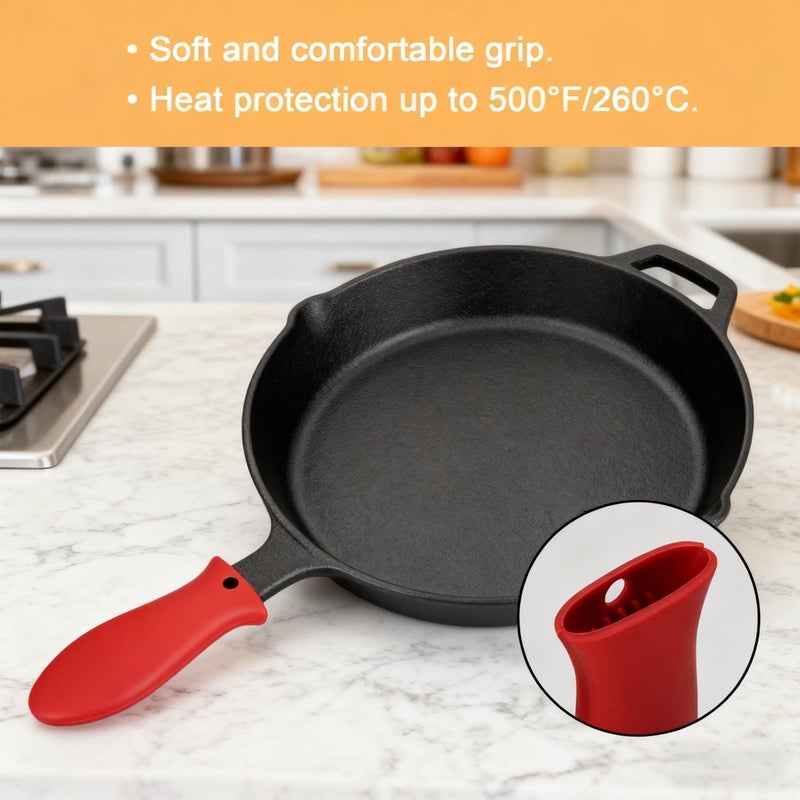 jjojcll 30 cm Cast Iron Skillet with Red Silicone Hot Handle Holder – Pre-Seasoned Frying Pan for Stove, Oven, Grill & Campfire,Durable, Nonstick Cast Iron Cookware – Black - Image 5