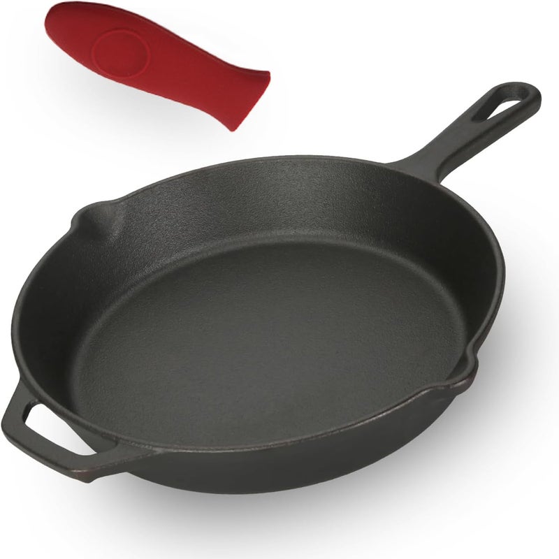 jjojcll 30 cm Cast Iron Skillet with Red Silicone Hot Handle Holder – Pre-Seasoned Frying Pan for Stove, Oven, Grill & Campfire,Durable, Nonstick Cast Iron Cookware – Black - Image 1