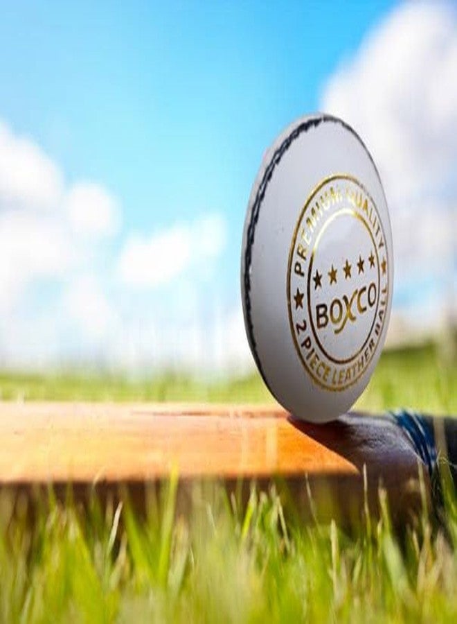 كرة كريكيت جلدية فاخرة من قطعتين مخيطة يدويًا من BOXCO لمباريات T20، واليوم الواحد، والمباريات التجريبية (أبيض) (عبوة من 6 كرات) - Image 2