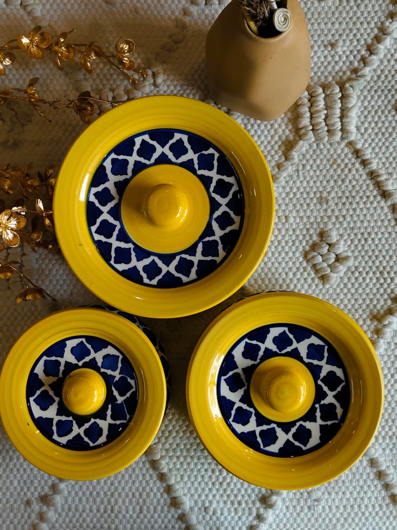 Niyara Premium Handcrafted Ceramic Casserole/Donga Set with Lids | Serving Bowls for Hot Food | Microwave & Dishwasher Safe | Set of 3 (1000ML, 650ML, 550ML) | Moroccan Yellow - Image 2