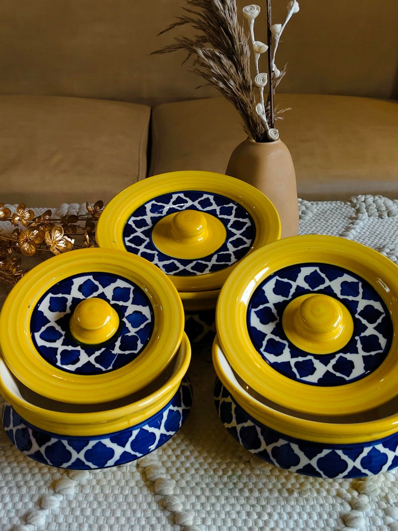 Niyara Premium Handcrafted Ceramic Casserole/Donga Set with Lids | Serving Bowls for Hot Food | Microwave & Dishwasher Safe | Set of 3 (1000ML, 650ML, 550ML) | Moroccan Yellow - Image 1