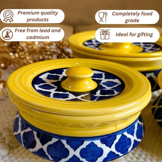 Niyara Premium Handcrafted Ceramic Casserole/Donga Set with Lids | Serving Bowls for Hot Food | Microwave & Dishwasher Safe | Set of 3 (1000ML, 650ML, 550ML) | Moroccan Yellow - Image 4