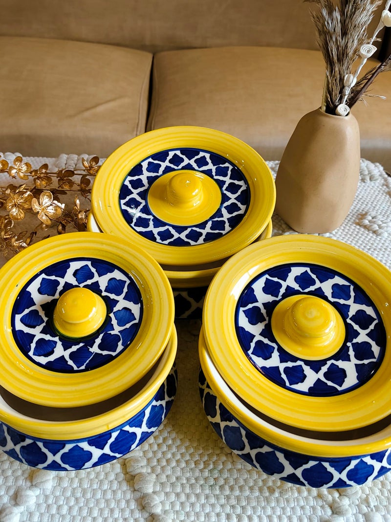 Niyara Premium Handcrafted Ceramic Casserole/Donga Set with Lids | Serving Bowls for Hot Food | Microwave & Dishwasher Safe | Set of 3 (1000ML, 650ML, 550ML) | Moroccan Yellow - Image 3