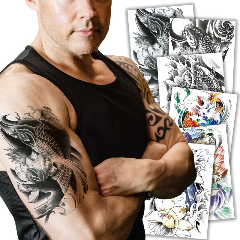 Kotbs 6 Sheets Temporary Tattoos Large Koi Fish Body Tattoos Sticker for Men Women Waterproof Fake Tattoos