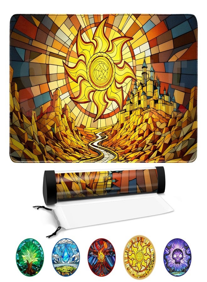 FROGIGO MTG Playmat – Stained Glass Plains 24x14 Golden Castle Art Card Game Mat for Magic The Gathering, Stitched Edge, Non-Slip Rubber Base with Prismatic Tube – Stained Glass Plains - Image 1