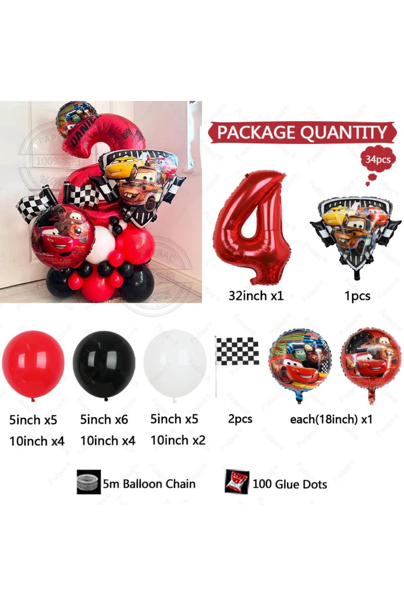 32inch NO.4 34Pcs Cars Theme Lightning McQueen Pentagram Red Numbers Colorful Birthday Party Decorat
