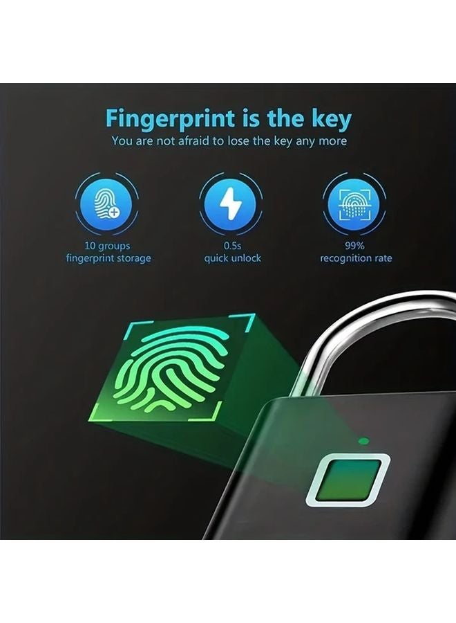 2pcs Black Advanced Biometric Smart Padlock Fingerprint Recognition USB Rechargeable Zinc Alloy - Image 5