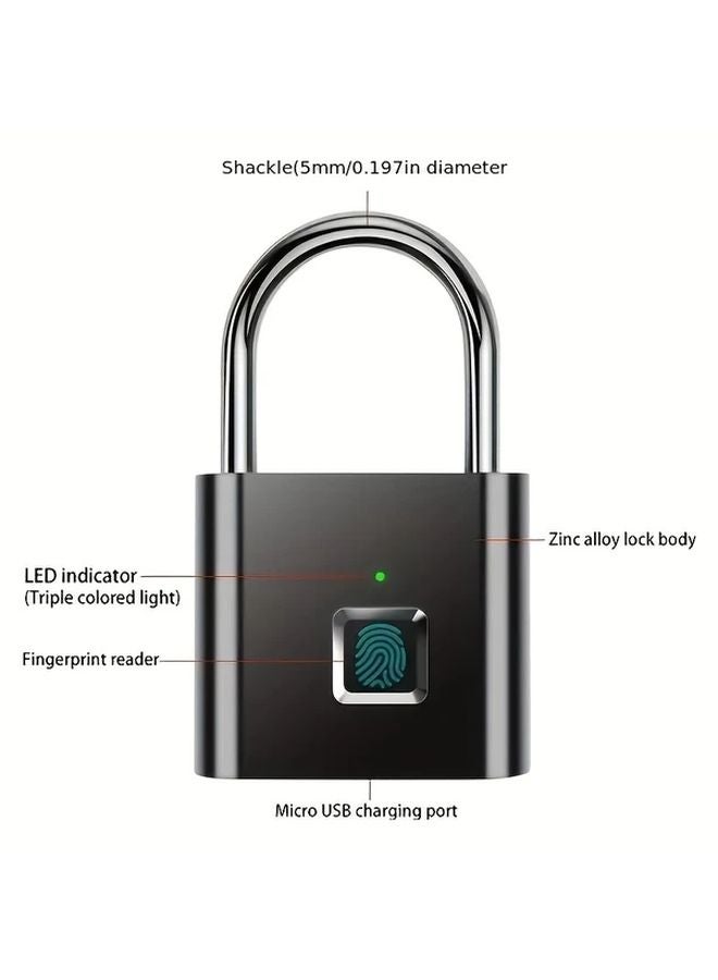 2pcs Black Advanced Biometric Smart Padlock Fingerprint Recognition USB Rechargeable Zinc Alloy - Image 4