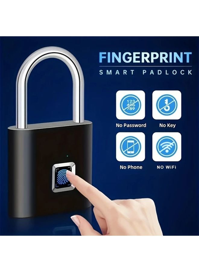 2pcs Black Advanced Biometric Smart Padlock Fingerprint Recognition USB Rechargeable Zinc Alloy - Image 2